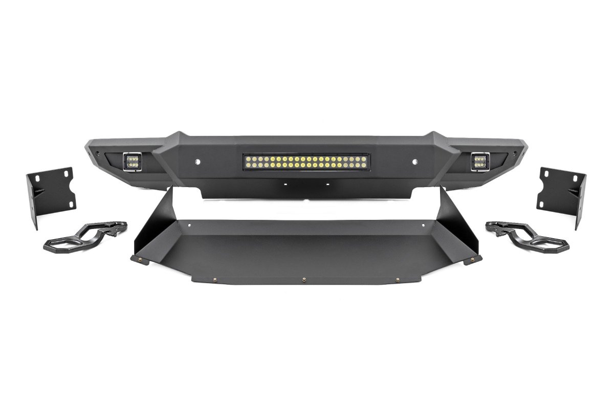 Ram 1500 Front Bumper - Rough Country - High Clearance LED with Skid Plate & Tow Hooks - Flat Black - '19-'24